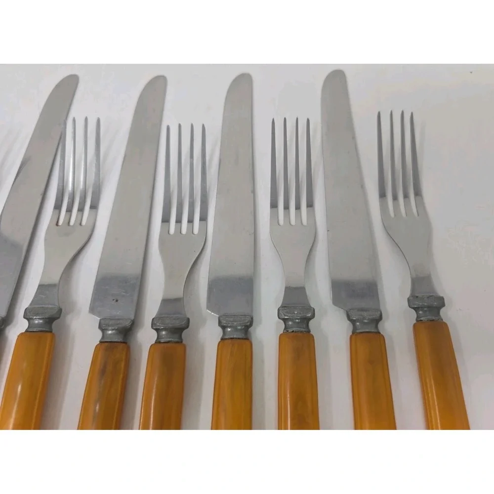 Butterscotch Bakelite Flatware‎ Knives and Forks Lot of 12 U25